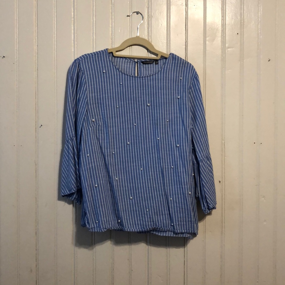 Hannah Blue and White Striped Top w/ Pearl Detail